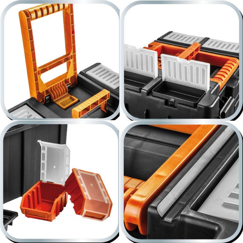 NEO TOOLS Profi Werkzeugkasten 21" (54.7 X 27.1 X 27.8cm) Organizer, Verschließbare Fächer Aus Polycarbonat, Alu-Klammern, Alu-griff, Buckle